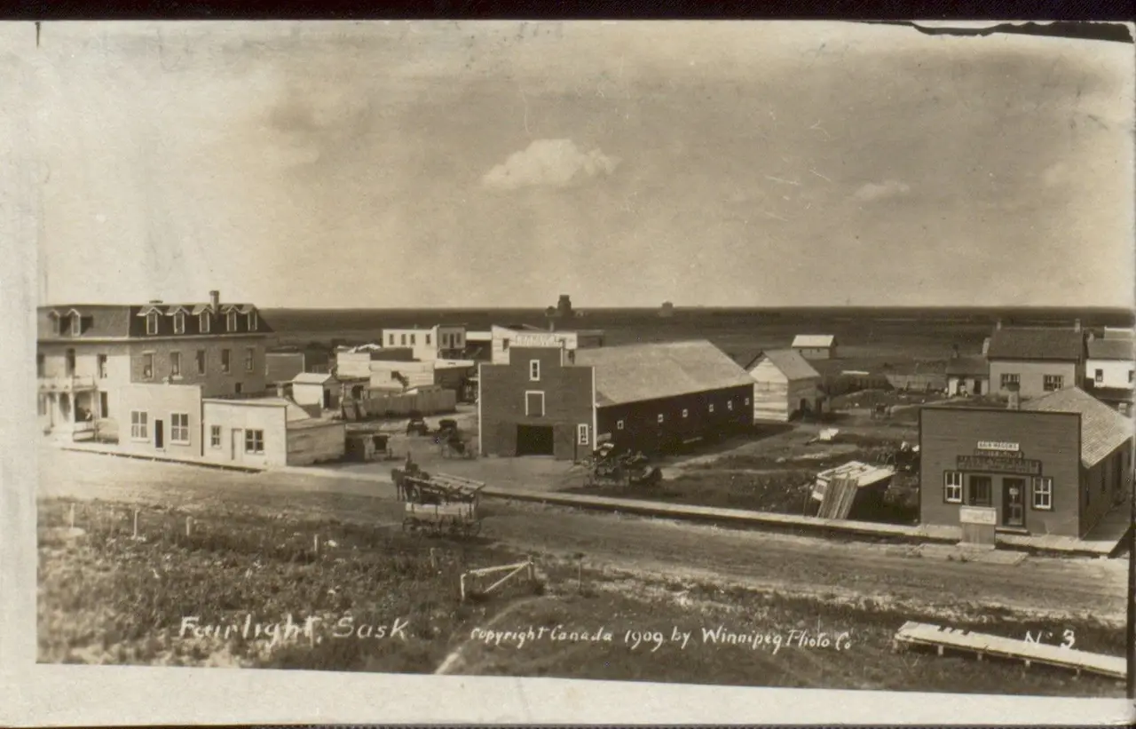 View of Fairlight, Sask. with main street buildings, about 1909